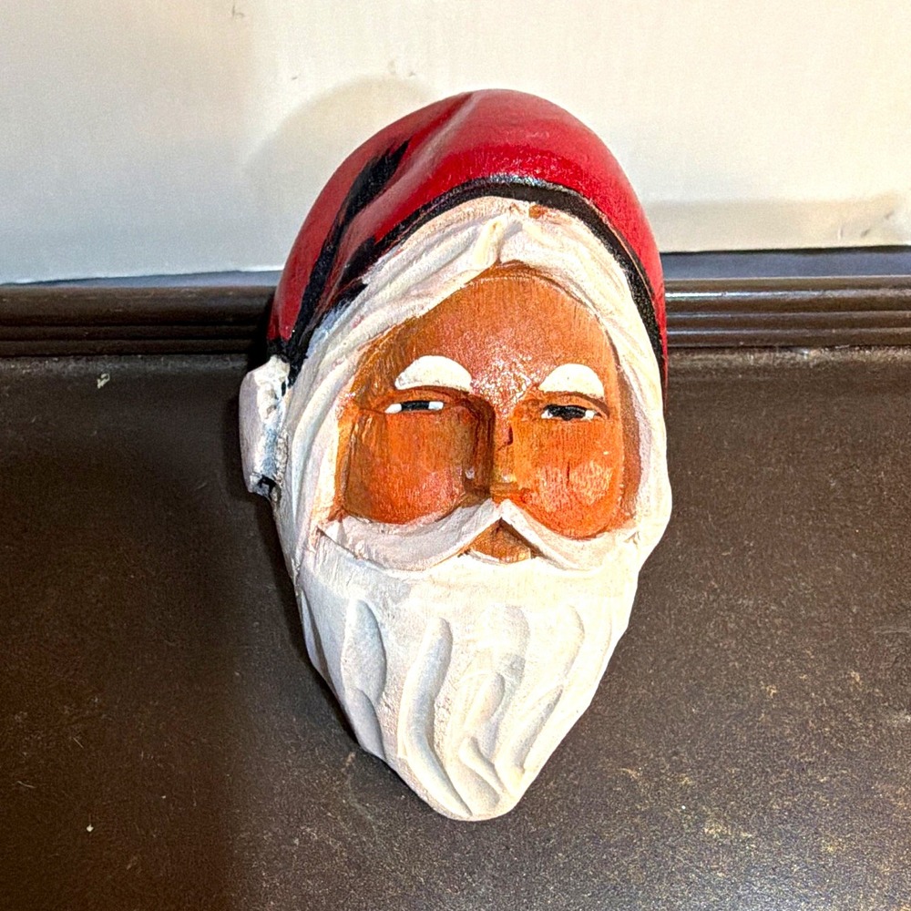 Hand Carved Wooden Santa Face Ornament Folk Art Painted 3.5" St. Nick